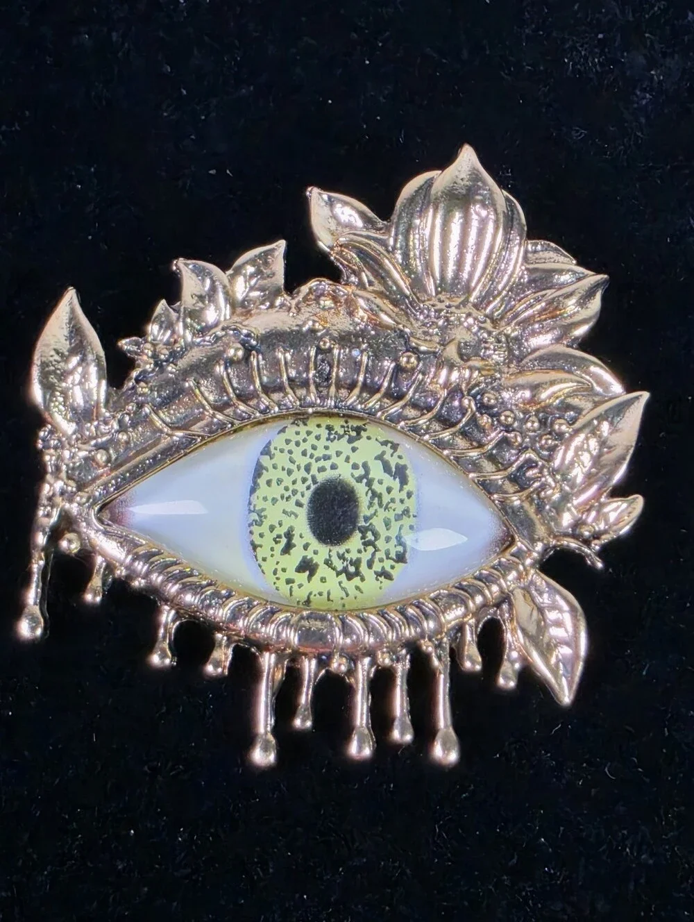 Gold Eyeball Brooch Pin with Yellow-Green Iris